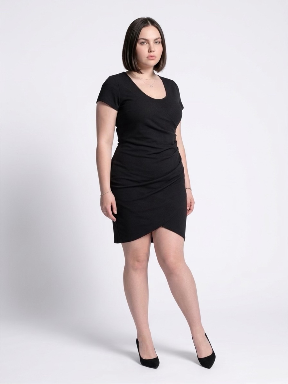 Black Ruched Wrap-Front Short Sleeve Dress